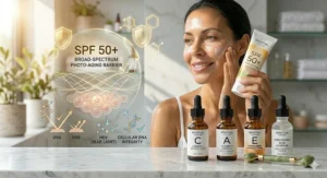 A graphic emphasizing the importance of daily broad-spectrum SPF in a longevity focused skincare routine.