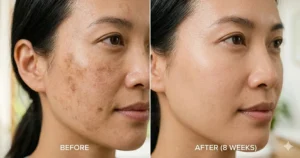 Comparison showing stubborn dark spot fading cream results after 8 weeks of use.