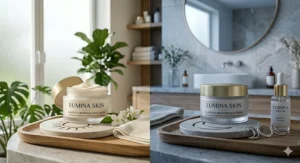 Split-screen showing a morning and evening skincare routine using an elasticity boosting face cream.