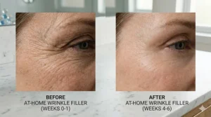 Split-screen comparison of skin texture before and after using a deep wrinkle filler cream at home.