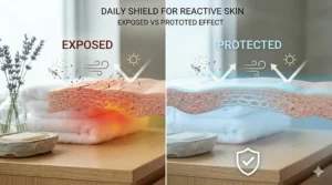 A visual comparison of skin exposed to environmental triggers versus skin protected by a soothing cream barrier.
