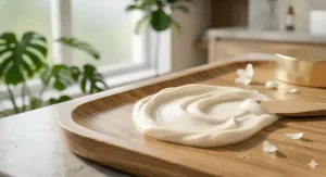 Photorealistic close-up of a rich, ivory-colored elasticity boosting face cream smear on a wooden surface.