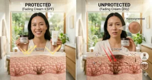 Infographic showing the importance of using SPF with a stubborn dark spot fading cream.