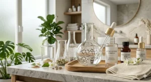 Laboratory-style setup showing active peptides and hyaluronic acid ingredients for skin elasticity.