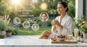 A holistic illustration linking sleep, hydration, and nutrition to long-term skin health and anti-aging.