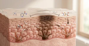 Illustration of how fading cream inhibits excess melanin production in skin layers.