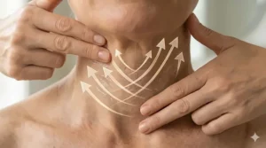 Diagram showing the correct upward massage motion for applying neck firming cream to maximize lifting effects.