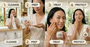 Step-by-step guide for applying stubborn dark spot fading cream to cleansed skin.