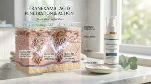 Medical diagram illustrating tranexamic acid cream penetrating skin layers to target melasma-causing melanocytes.