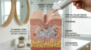 Cross-section diagram of skin layers showing how filler cream plumps deep wrinkles from within.