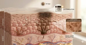 Diagram showing stubborn dark spots located in the epidermal layer of the skin.