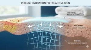 An infographic showing how soothing cream locks intense hydration into the epidermal layers of reactive skin.