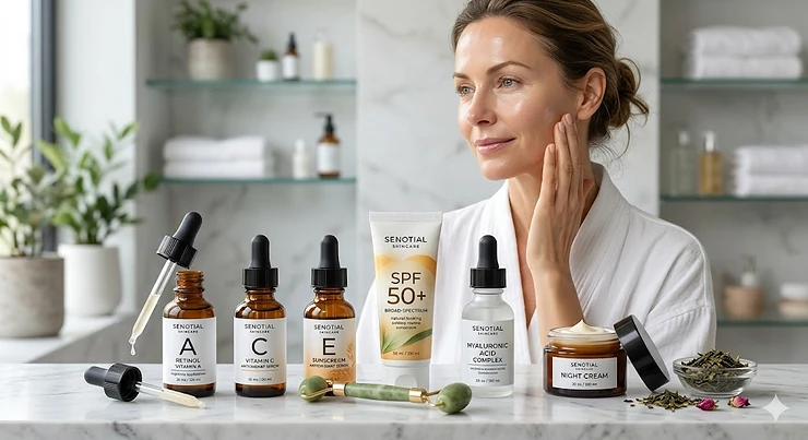 A complete longevity focused skincare routine featuring anti-aging serums, sunscreen, and a woman with healthy, glowing skin.