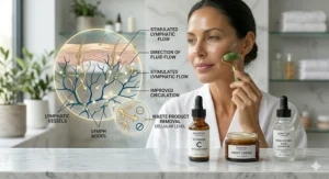 A diagram showing facial massage techniques to improve circulation within a longevity focused skincare routine.