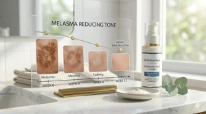 Graphic representation of skin tone evening out and dark spots fading after consistent use of tranexamic acid cream.