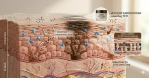 Graphic showing a stubborn dark spot fading cream repairing the skin's moisture barrier.