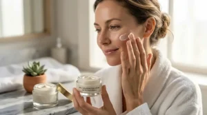 A woman applying age-defying daily moisturizer as part of a five-step morning skincare routine.
