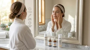 A step-by-step diagram of a morning skincare routine featuring cleanser, vitamin C serum, and SPF.