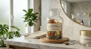 Apothecary jar with botanical extracts and peptide crystals representing a clean beauty elasticity cream.