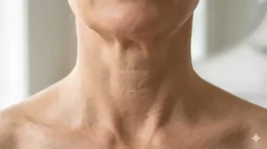 Close-up illustration showing fine lines and sagging skin on the neck before applying a firming cream.