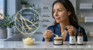 An illustration of a nighttime skincare routine applying retinoids to stimulate collagen production and skin renewal.