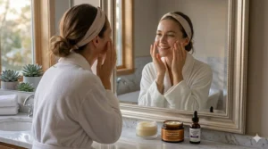 Illustration of a nighttime skincare sequence including double cleansing and a hydrating night cream for skin at age 25.