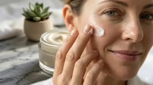 Lightweight and non-greasy texture of an age-defying daily moisturizer being absorbed quickly into the skin.