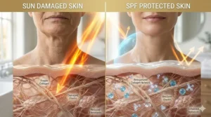 Illustration comparing sun-damaged neck skin to skin protected by SPF and a neck firming cream that works.