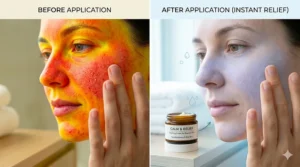 A split-screen heat map showing facial redness before and after applying a cooling soothing cream for reactive skin.