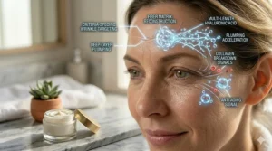 Close-up illustration of the forehead and eye area showing reduced fine lines from using an age-defying daily moisturizer.