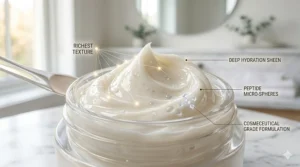 Close-up shot of the thick, nourishing texture of a premium neck firming cream designed for deep hydration.
