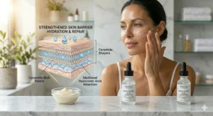 An anatomical illustration of the skin barrier being strengthened by hydrating ingredients like ceramides.