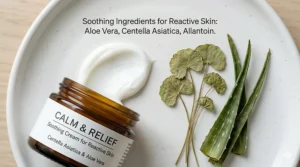 A photorealistic microscopic cross-section showing a soothing cream repairing the damaged moisture barrier of reactive skin.