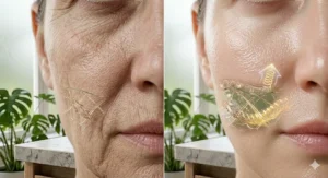 Side-by-side comparison of aged skin versus firm, radiant skin treated with elasticity boosting face cream.
