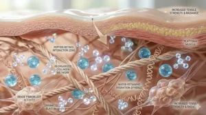 Graphic showing increased moisture levels and improved elasticity in the dermal layers of the neck.