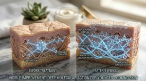 Graphic representation of skin texture smoothing after consistent use of an age-defying daily moisturizer.