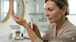 Illustration of a person performing a safety patch test on their inner arm before applying wrinkle cream to the face.