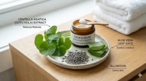 A flat-lay of botanical ingredients like Centella Asiatica and Aloe Vera used in a soothing cream for reactive skin.