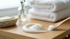 A high-detail macro shot of the lightweight, non-greasy texture of a soothing cream formulated for reactive skin.