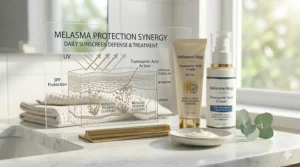 Illustration showing the combined use of tranexamic acid cream for melasma and high-factor SPF for UV protection.