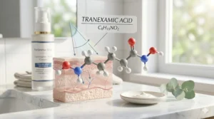 Illustration showing the molecular structure of tranexamic acid used in dermatological creams to inhibit melanin production.
