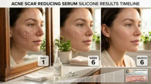 Graphic illustration comparing indented acne scars before and after consistent use of a silicone reducing serum.