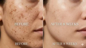 Side-by-side comparison of facial skin showing faded dark spots after 8 weeks of using alpha arbutin serum.