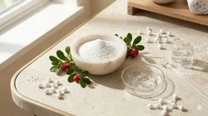 A flat lay of alpha arbutin powder and botanical extracts used in serum formulations for hyperpigmentation.
