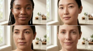 A diverse group of women with different skin tones, highlighting alpha arbutin serum as a gentle alternative for dark spots.