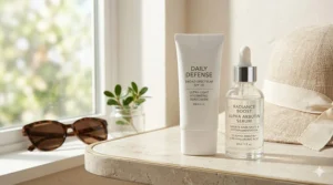 A bottle of alpha arbutin serum sitting next to a bottle of SPF 50 sunscreen to prevent new dark spots.