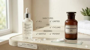 A comparison chart showing the benefits of alpha arbutin serum versus hydroquinone for fading dark spots.