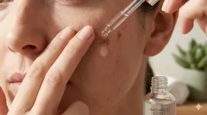 A close-up of a person applying a clear alpha arbutin serum to target dark spots on their cheek.