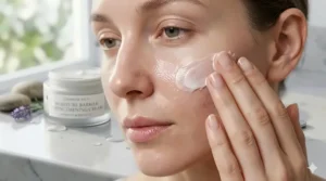 A woman applying moisture barrier strengthening cream to her cheek to soothe redness and irritation.