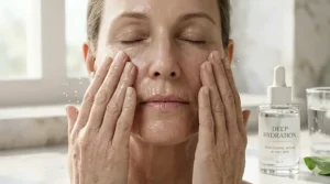 Close-up illustration of hands gently pressing hydration serum into dry facial skin.